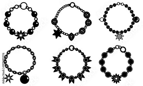Set of black and white bracelets with star and moon pendants on transparent background jewelry