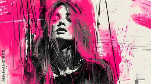 Modern Gyaru Aesthetic Background with Neon Pink Accents and Sketch Textures
