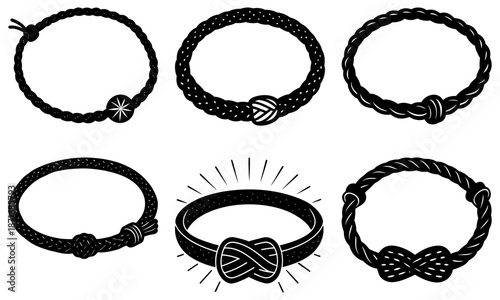 Six Black Rope Bracelets with Knots on White Background black bracelets knot bracelets
