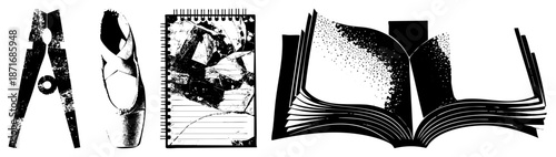 Vintage Drawing Tools, Ballet Slipper, Sketchbook, and Open Book with Halftone Texture
