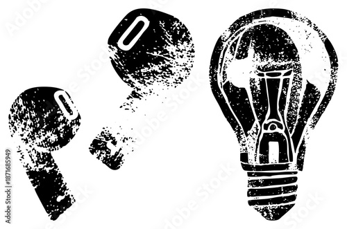 Vintage Style Lightbulb and Headphone with Distressed Texture