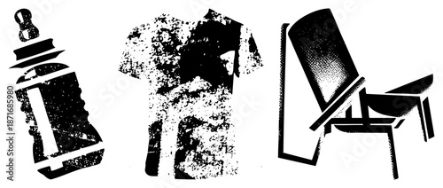 Vintage Halftone Graphic of Bottle, T Shirt, and Chair