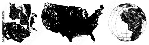 Grayscale Dot Matrix Maps of USA and Globe with Textured Landmasses