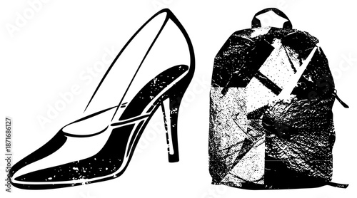 High Heel Shoe and Backpack Vector Illustration in Halftone Style