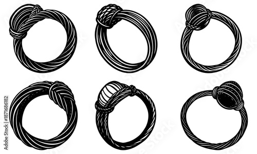 Six Intricately Braided Rope Knots on White Background loops