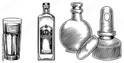 Vintage Glassware and Bottle Set with Etched and Dropper Design