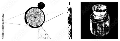 Sliced Citrus Fruit with Geometric and Textured Bottle