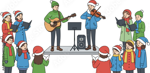 Christmas carolers singing together with guitar and violin musicians, festive winter performance illustration for holiday events, celebrations, community gatherings and decorations