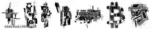 Stylized Graphic Featuring Duty, Camera, Lighter, Keyboard, Bitcoin, and Gun