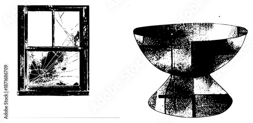 Broken Window with Cracked Glass and Vintage Anvil Cutout