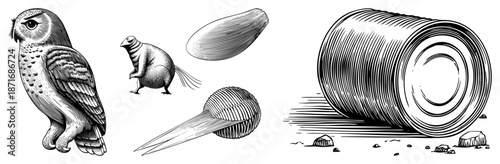 Vintage Halftone Illustration of Owl, Rodent, Dart, and Rolling Barrel