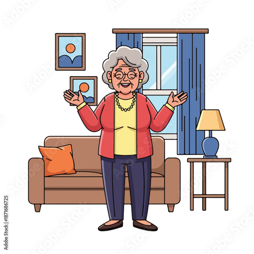 A cartoon elderly woman stands in a living room