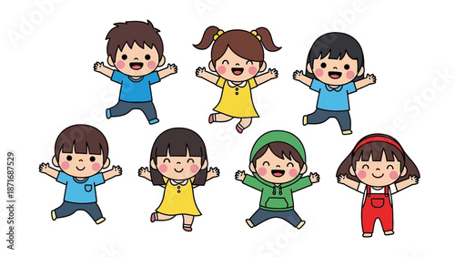 Children Laughing and Jump with Joy in a Circle on a White Background
