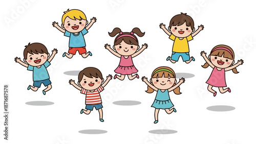 Children jump and play together in a joyful illustration of carefree youth