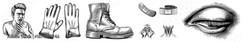 Vintage Style Illustration of Man Coughing, Gloves, Boot, Bandage, and Eye Detail