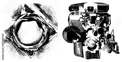 Mechanical Engine Components and Gear Assembly Vector Illustration