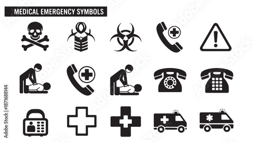 Comprehensive medical emergency and public safety icon set featuring biohazard warning signs CPR instructions and ambulance logistics for healthcare insurance business.