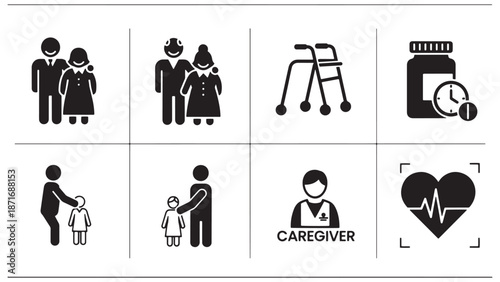 Professional elder care and family support icon collection featuring senior citizens mobility aids and caregiving services for nursing home business management and insurance branding.
