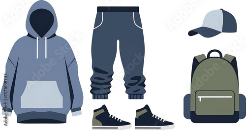 Vector fashion set featuring a blue hoodie, sweatpants, sneakers, cap, and green backpack on a clean white background.