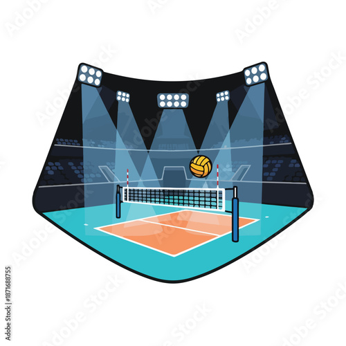 A cartoon volleyball court with a ball in mid-air