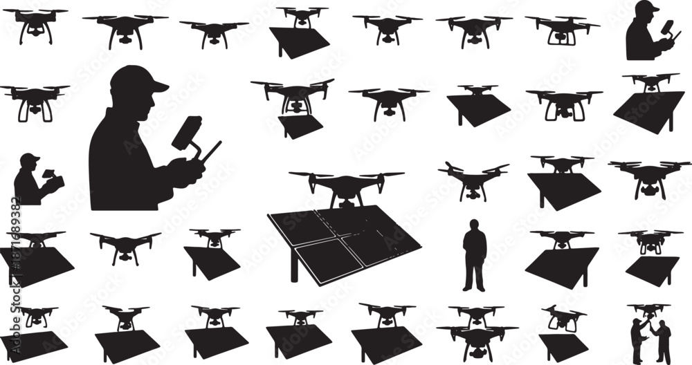 Obraz premium 30 Black Solid Solar Drone Fly Silhouettes on White Background