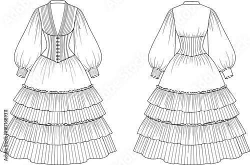 Vintage tiered ruffle dress fashion flat sketch with corset waist, puff sleeves, layered skirt, technical garment illustration design vector template