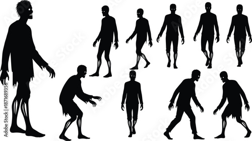 Zombie silhouette collection, walking undead figures illustration, horror character design, Halloween monster art, creepy apocalypse concept, dark spooky vector graphic