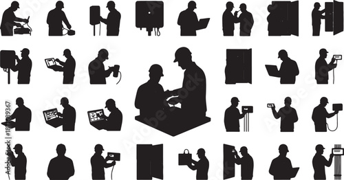 30 Black Solid Solar Electric Silhouettes on White Background