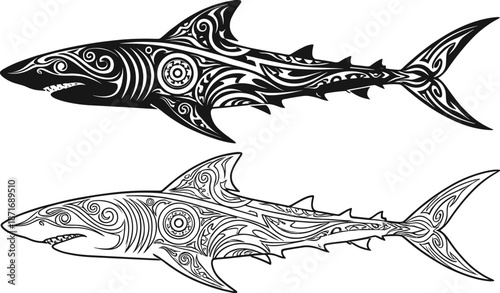 Tribal shark tattoo design, black and white vector illustration, ocean predator art, Polynesian pattern, abstract marine animal, decorative artwork, symbolism, power