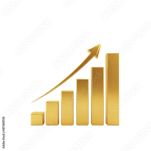 Golden arrow and bar graph icon isolated on transparent background