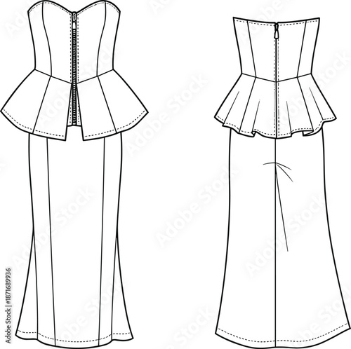 Strapless sweetheart neckline peplum dress, technical fashion sketch, front back view, zipper closure, elegant long fitted gown illustration