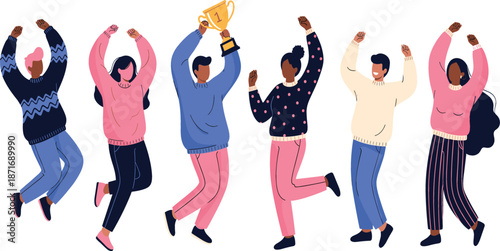 Diverse group of happy people jumping and celebrating victory holding a gold trophy cup achievement and success concept in flat vector style.