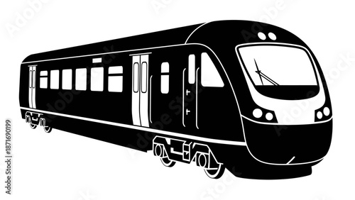 A bold, high-contrast black vector illustration of a modern passenger train, showcasing a streamlined nose, visible passenger windows, and detailed undercarriage wheels in a three-quarter view