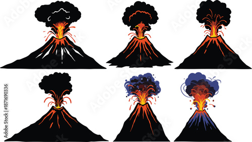 Volcanic eruption illustration, lava explosion, ash cloud, magma burst, geology concept, natural disaster, volcano icon, eruption stages, vector art
