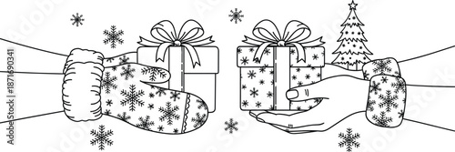 Christmas hands exchanging festive gift boxes with winter gloves, snowflakes and holiday tree outline illustration perfect for seasonal decoration and coloring designs