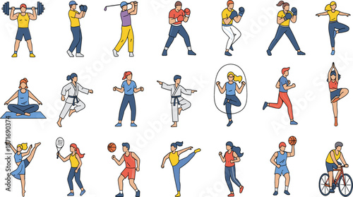 Large collection of diverse people performing various sports activities including gym weightlifting golf boxing yoga karate running cycling and basketball in flat vector style.