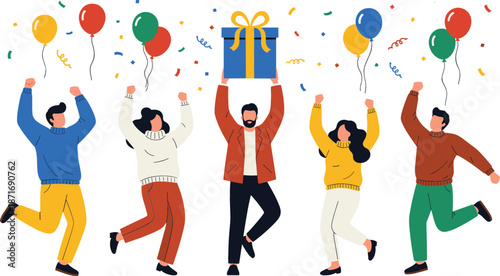 Happy diverse group of people celebrating a special occasion with a gift box, colorful balloons, and falling confetti in flat vector style.