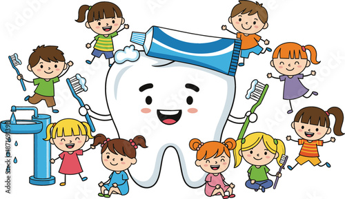 Vector illustration of cute cartoon children with toothbrushes and toothpaste celebrating healthy dental hygiene around a large happy smiling tooth.