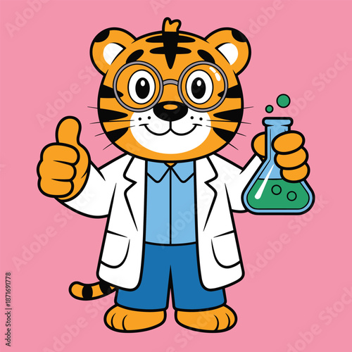 Tiger Scientist: A charming tiger, clad in a lab coat and spectacles, engages in scientific endeavors, exuding curiosity and intelligence, with a thumb up expressing approval and encouragement.