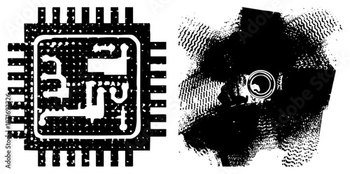Abstract Microchip and Camera Lens Vector with Halftone Texture