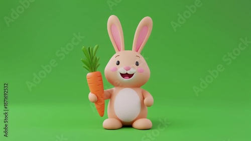 Smiling cartoon bunny happily holding a fresh carrot