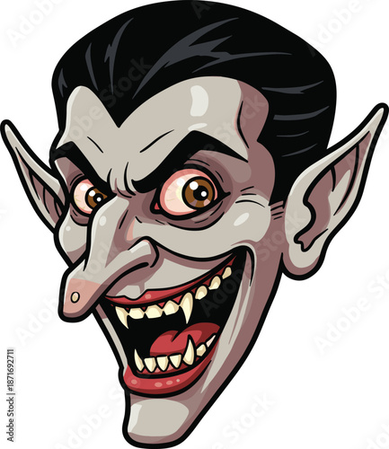 Scary vampire face illustration, evil Dracula head cartoon, Halloween monster design, horror character art, spooky vampire portrait vector isolated
