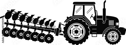 Silhouette, tractor, plowing, farmland, agriculture, machinery, rural, field, soil, cultivation, farming, equipment, wheels, black, white, landscape, countryside, tillage, mechanical, outdoors