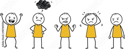 Stick figure character showing different angry emotions, frustration and stress expression illustration, hand drawn doodle people cartoon design