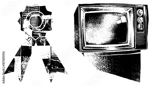 Vintage Camera and CRT in Retro Halftone Vector Illustration