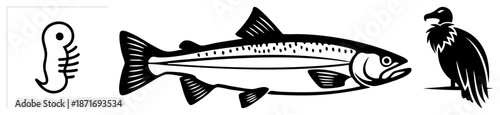 Stylized Salmon, Vulture, and Ancient Fish Symbol in Black Art