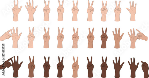 Human hand gesture counting numbers set with different skin tones showing fingers from one to five in flat vector illustration