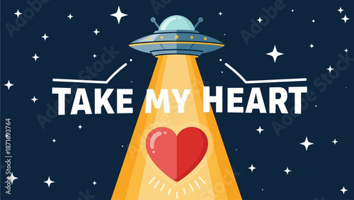 Sci-Fi UFO Abducting Heart Love Concept Vector