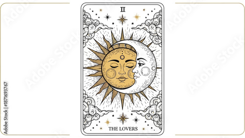 Mystical Tarot Card The Lovers Celestial Vector Illustration