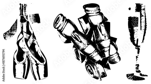 Abstract Bottle and Glass Silhouettes in Halftone Vector Art